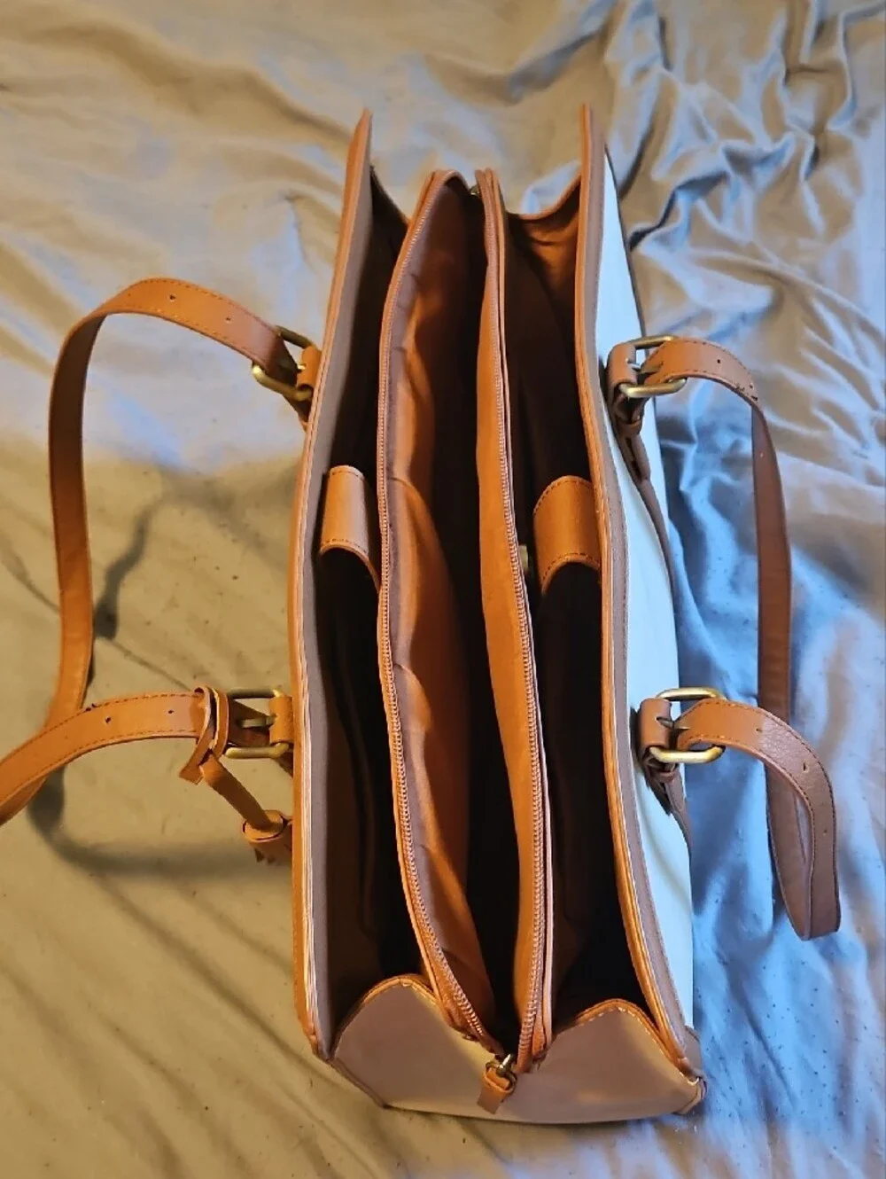 Structured Two-Tone Top-Handle Satchel - Beige and Tan